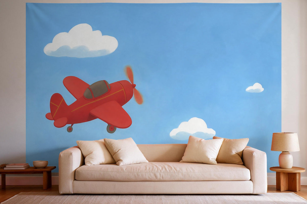 Wanddeko im hellen Wohnzimmer über dem Sofa: Wandtuch Rotes Propellerflugzeug am Himmel, auf Stoff gedruckt