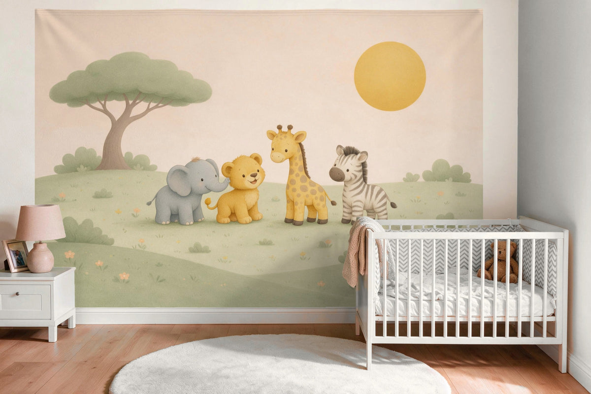XXL wall tapestry Storybook Safari Baby Animals as wall decor in the nursery above the crib