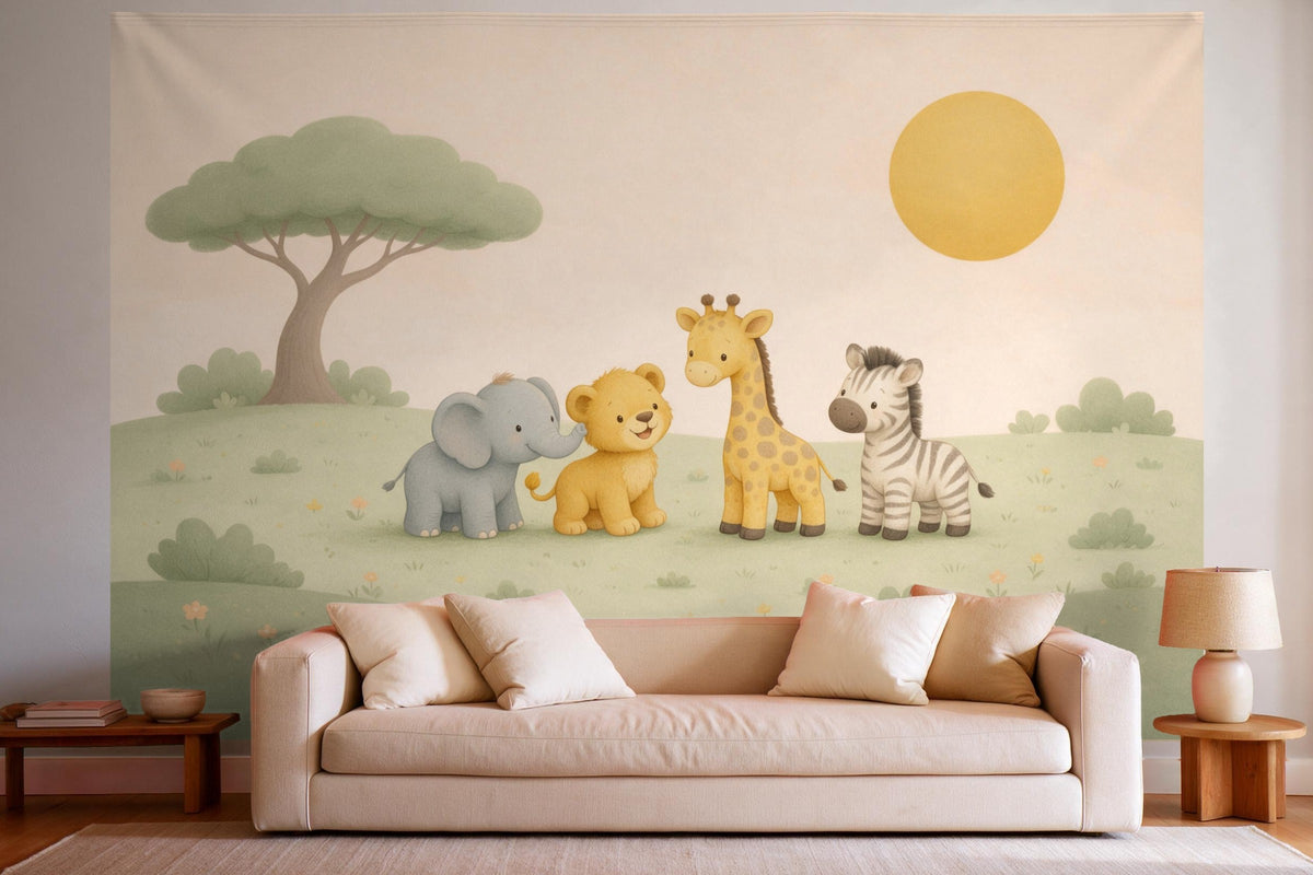 Wall decor in a bright living room above the sofa: printed fabric tapestry Storybook Safari Baby Animals