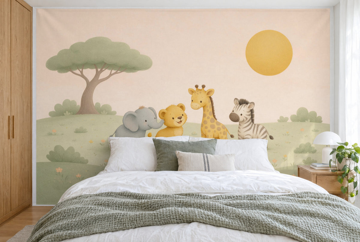 Large wall hanging Storybook Safari Baby Animals in the bedroom, wall-filling behind the bed – printed tapestry