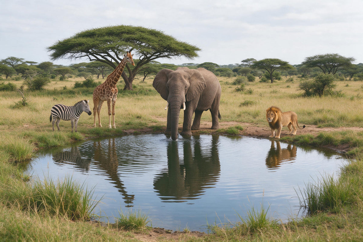 Safari au point d'eau avec éléphant qui boit, girafe, zèbre et lion, tenture murale imprimée sur tissu – vert et bleu