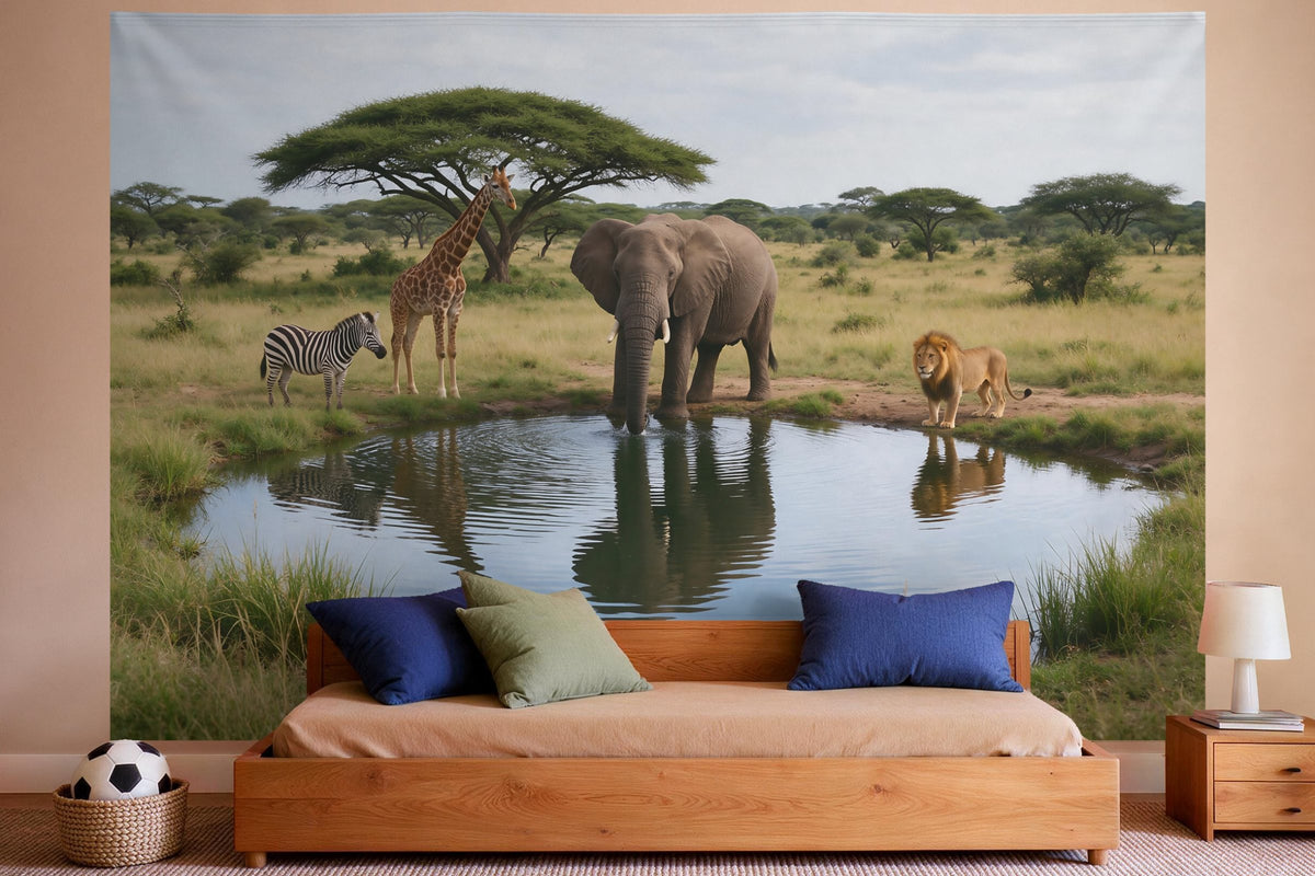 Wandtuch XXL Safari-Tiere am Wasserloch als Foto als Wanddeko im Jungen-Kinderzimmer