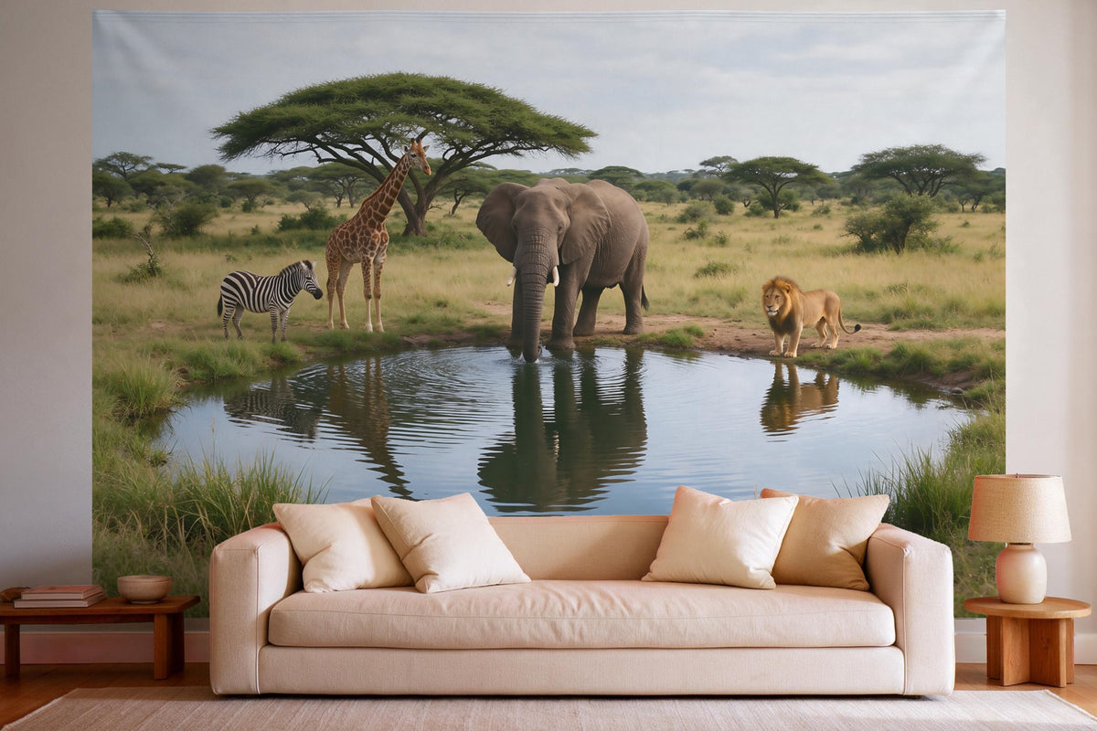 Wanddeko im hellen Wohnzimmer über dem Sofa: Wandtuch Safari-Tiere am Wasserloch als Foto, auf Stoff gedruckt