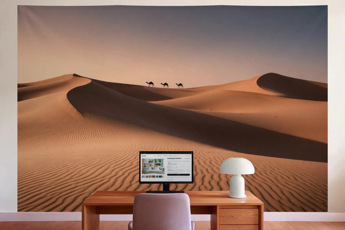 Decoración de pared en la oficina detrás del escritorio: tapiz de tela Desierto con dunas de arena al atardecer
