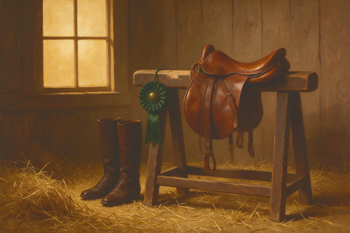 Saddle on a wooden stand with riding boots and a green rosette for horse riding, tapestry printed on fabric – brown and gold