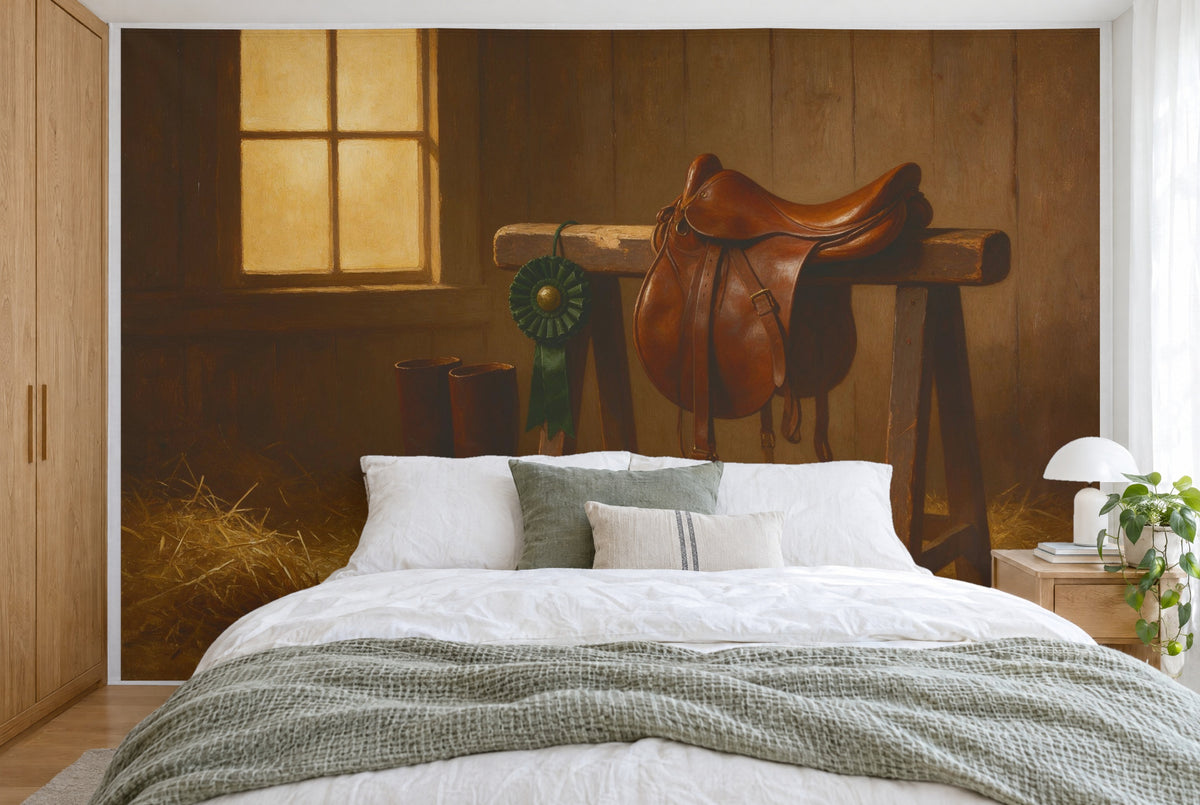 XXL printed fabric: leather saddle on a wooden stand on the right, window on the left, hay on the floor, wall behind the bed