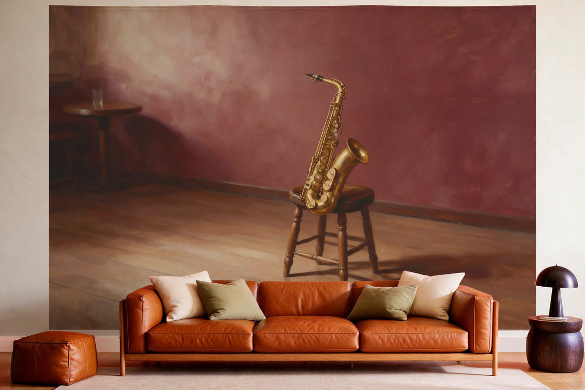 Wandtuch XXL Saxophon im Jazzclub als Wanddeko im gemütlichen Wohnzimmer über dem Ledersofa