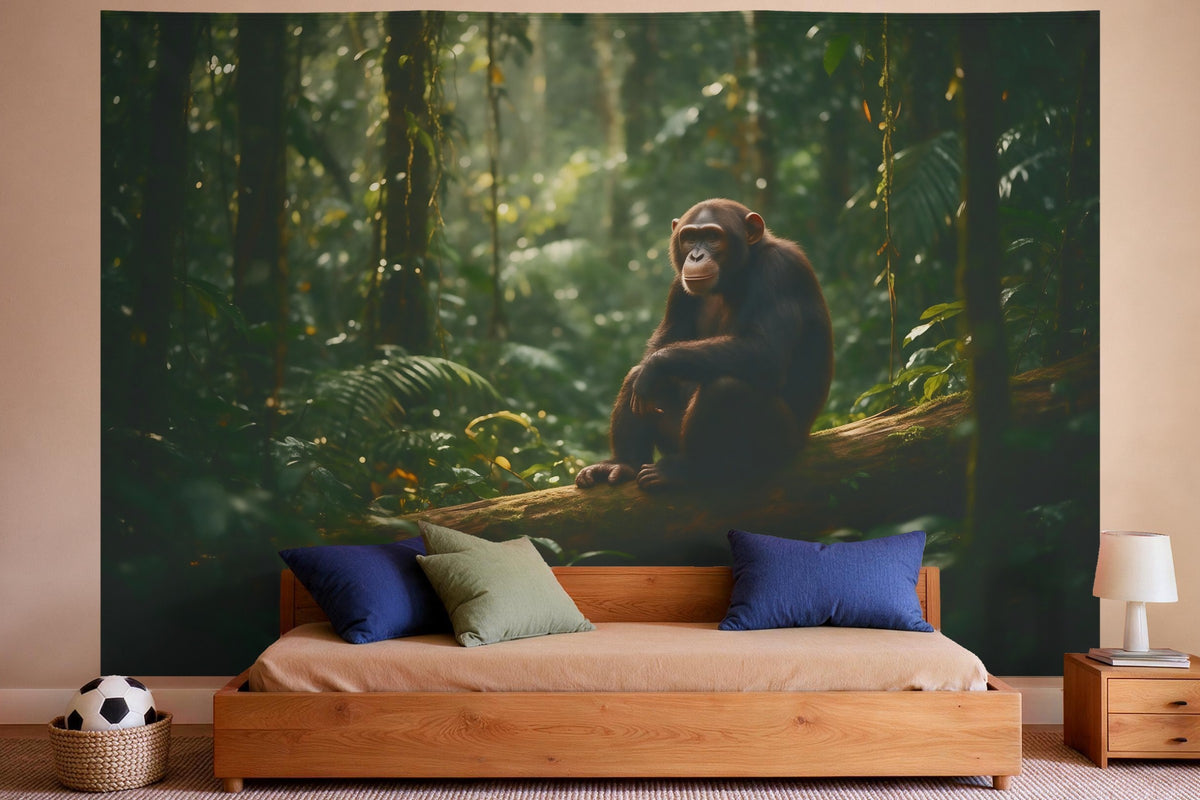 Wall decor in a boys' bedroom: printed fabric tapestry Chimpanzee on the Tree Trunk