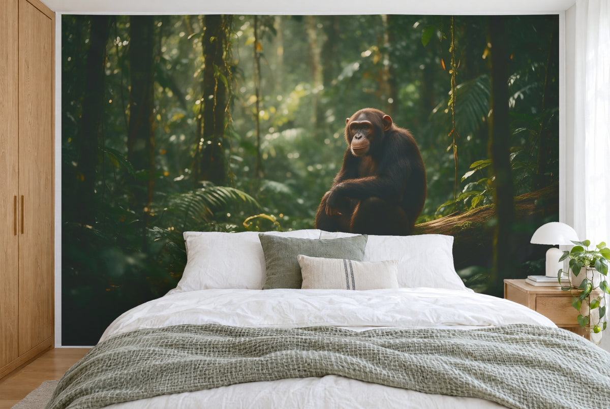 Bedruckter Stoff im XXL-Format: Schimpanse rechts der Mitte auf Baumstamm im Regenwald, wandfüllend hinter dem Bett