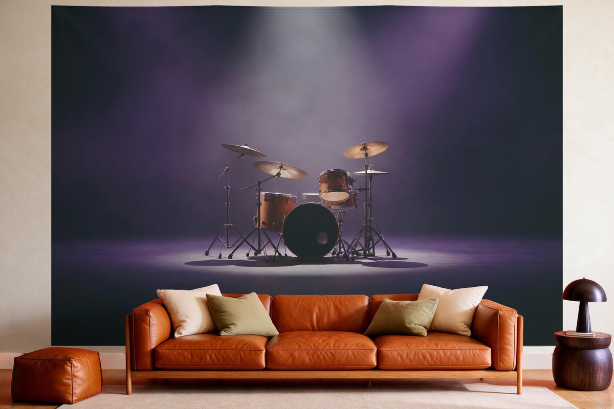 Wall decor in a cosy living room above the leather sofa: printed fabric tapestry Drum Kit in Stage Light