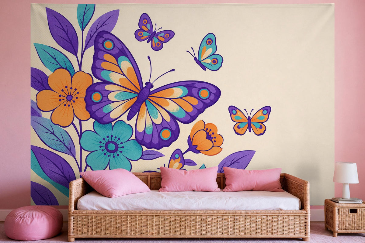 Tapiz de pared XXL Mariposas en estilo pop art como decoración en un dormitorio de niña