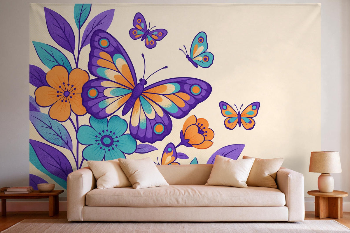 Decoración de pared en un salón luminoso sobre el sofá: tapiz de tela Mariposas en estilo pop art