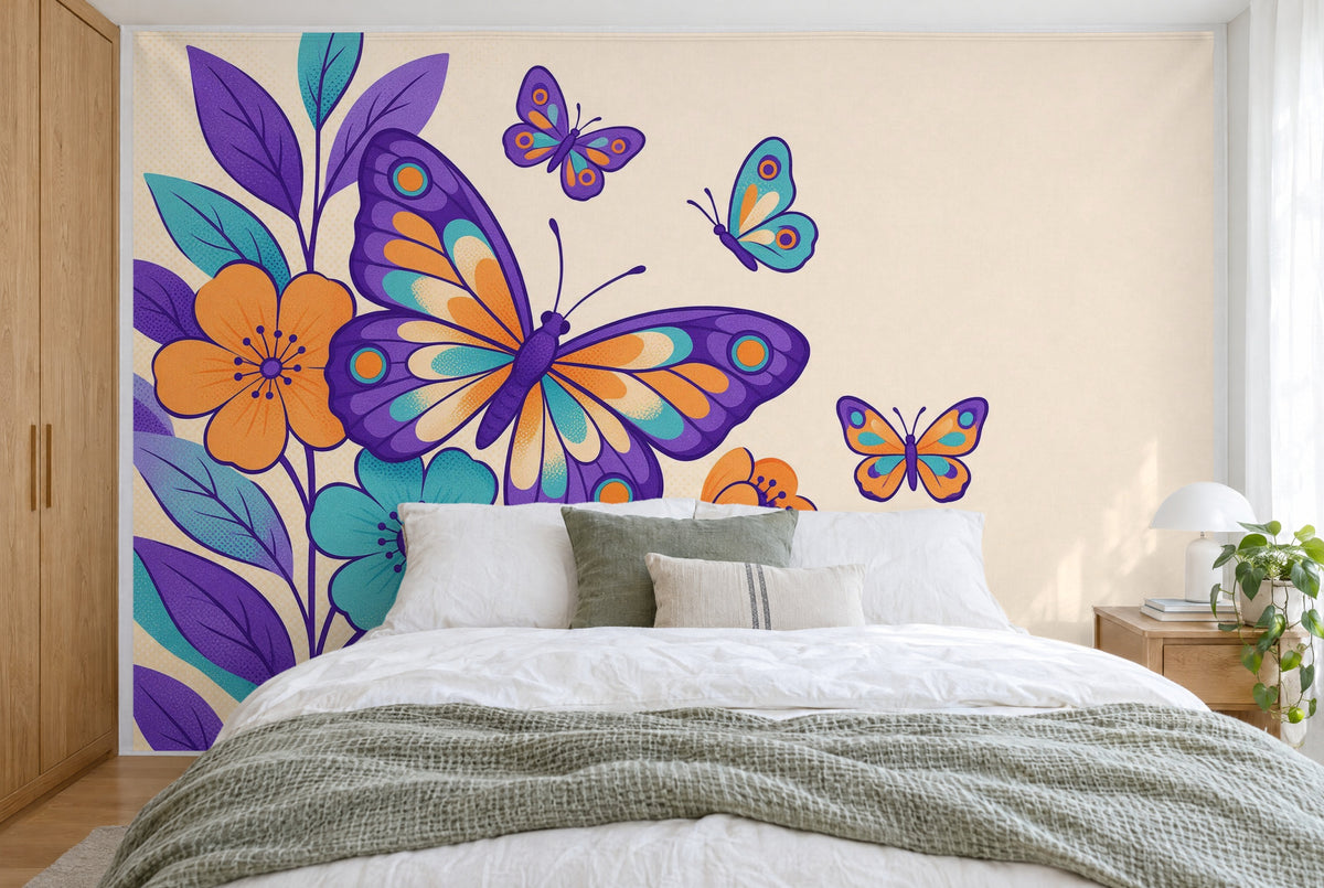 Bedruckter Stoff im XXL-Format: grosser Schmetterling links über Blüten und Blättern, wandfüllend hinter dem Bett