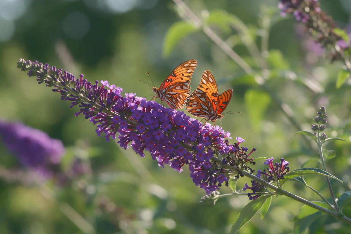 Schmetterlinge mit orange-roten Flügeln auf violetten Rispen, als Wandtuch, auf Stoff gedruckt – Orange und Violett