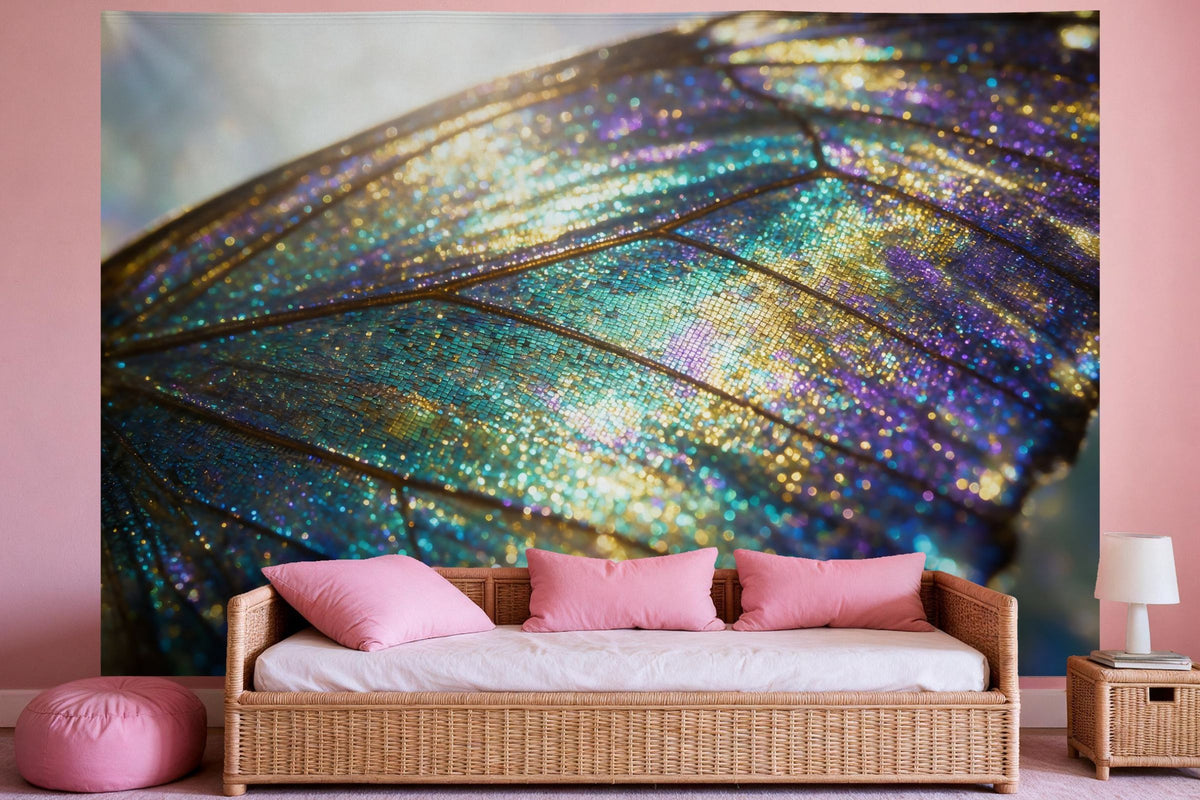 Tapiz de pared XXL Ala de mariposa iridiscente como decoración en un dormitorio de niña
