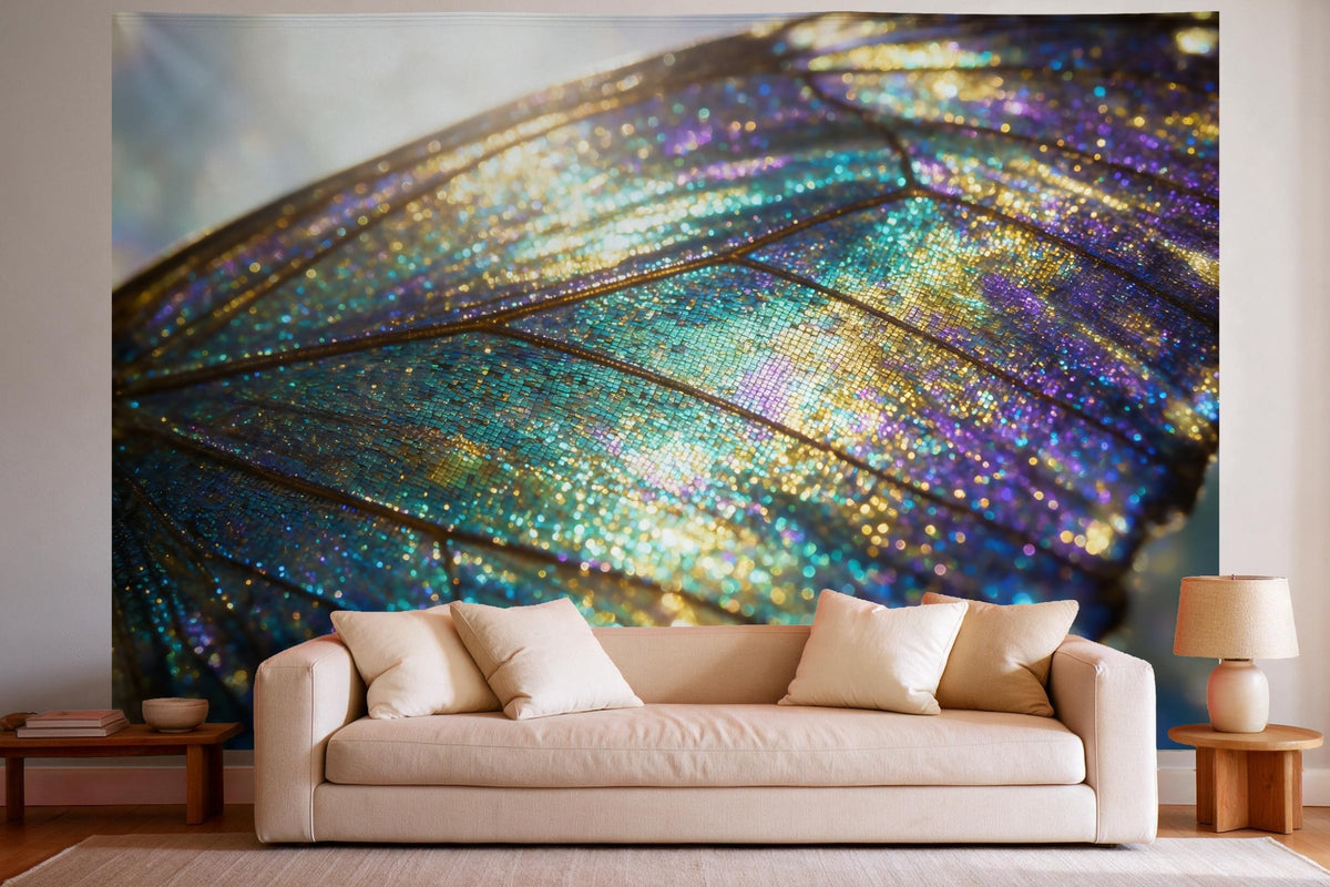 Decoración de pared en un salón luminoso sobre el sofá: tapiz de tela Ala de mariposa iridiscente