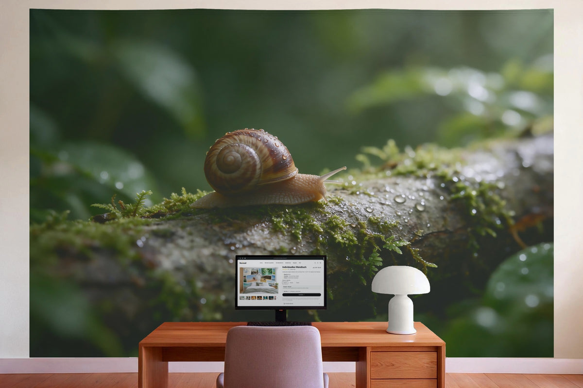Wanddeko im Büro hinter dem Schreibtisch: Wandtuch Schnecke nach dem Regen, auf Stoff gedruckt