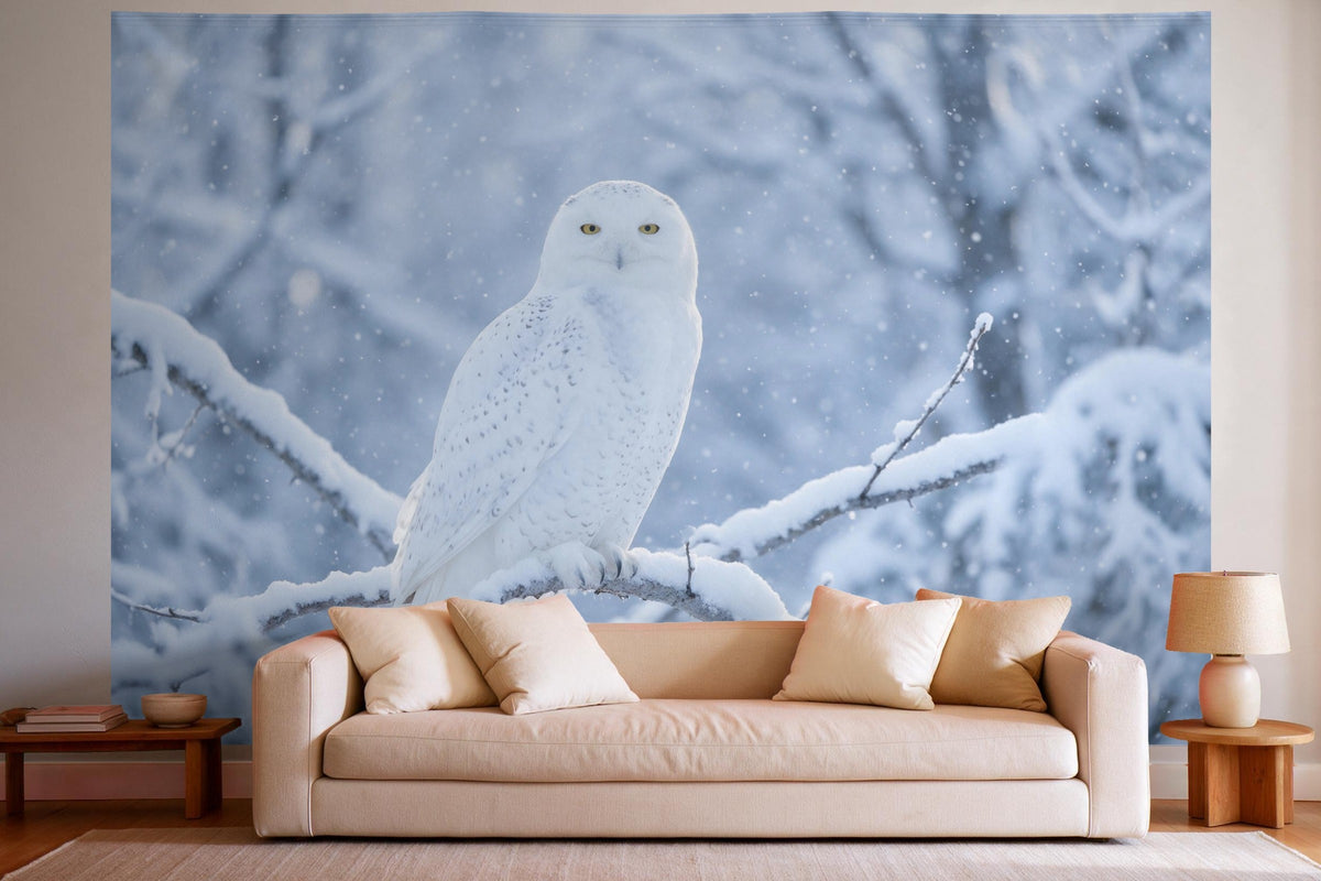 XXL wall tapestry Snowy Owl in a Snow Flurry as wall decor in a bright living room above the sofa