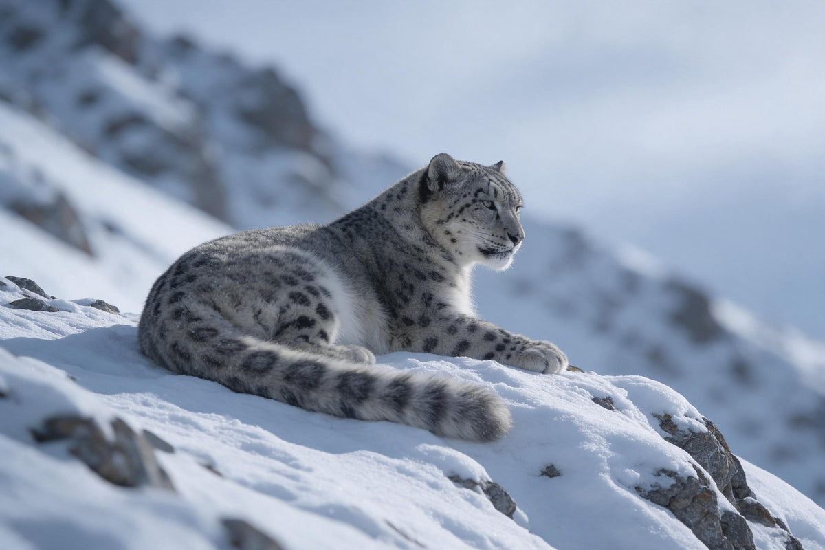 Leopardo de las nieves tumbado en una cresta rocosa nevada ante laderas de nieve, tapiz impreso en tela – gris y azul hielo