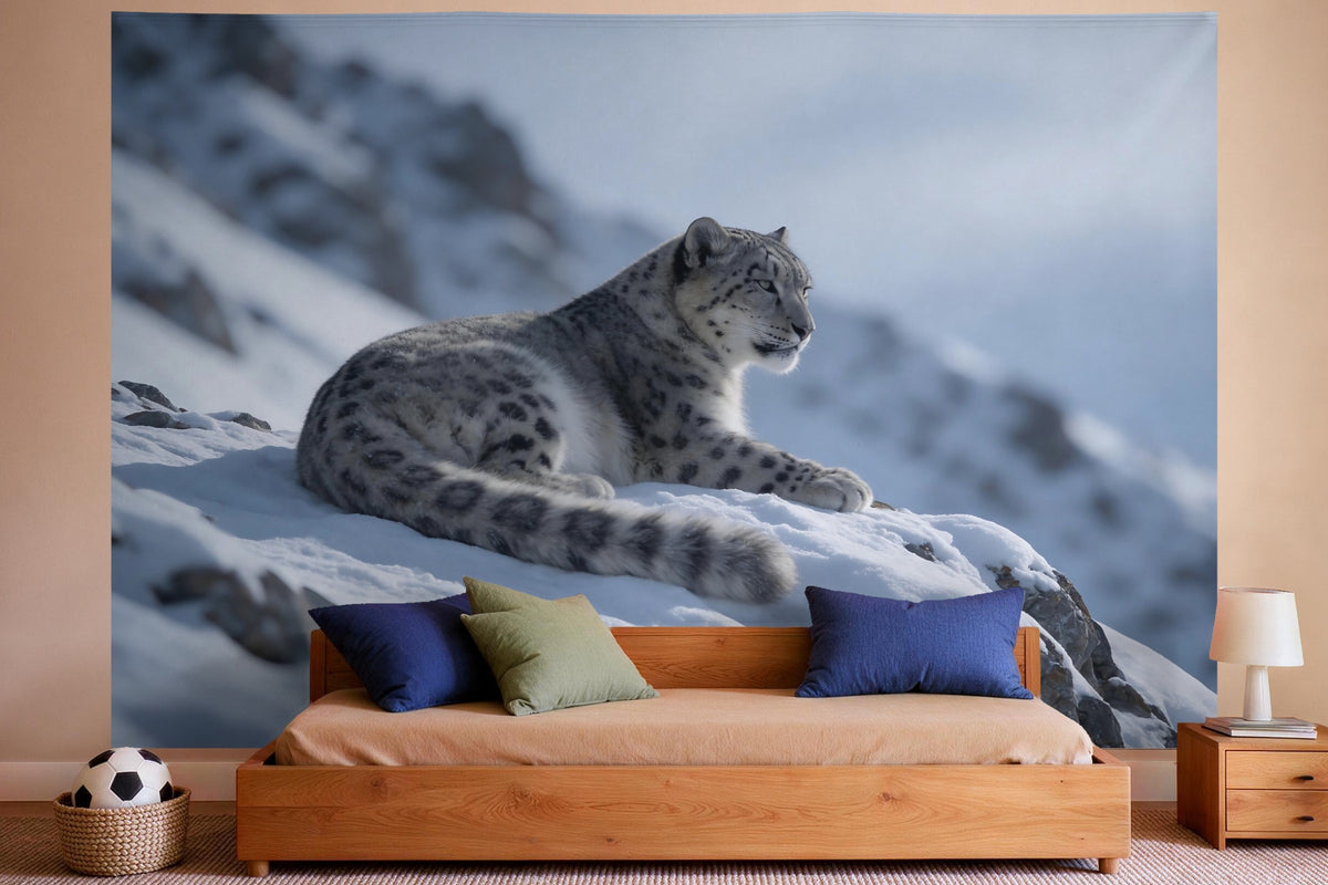 Wall decor in a boys' bedroom: printed fabric tapestry Snow Leopard on a Snowy Rock