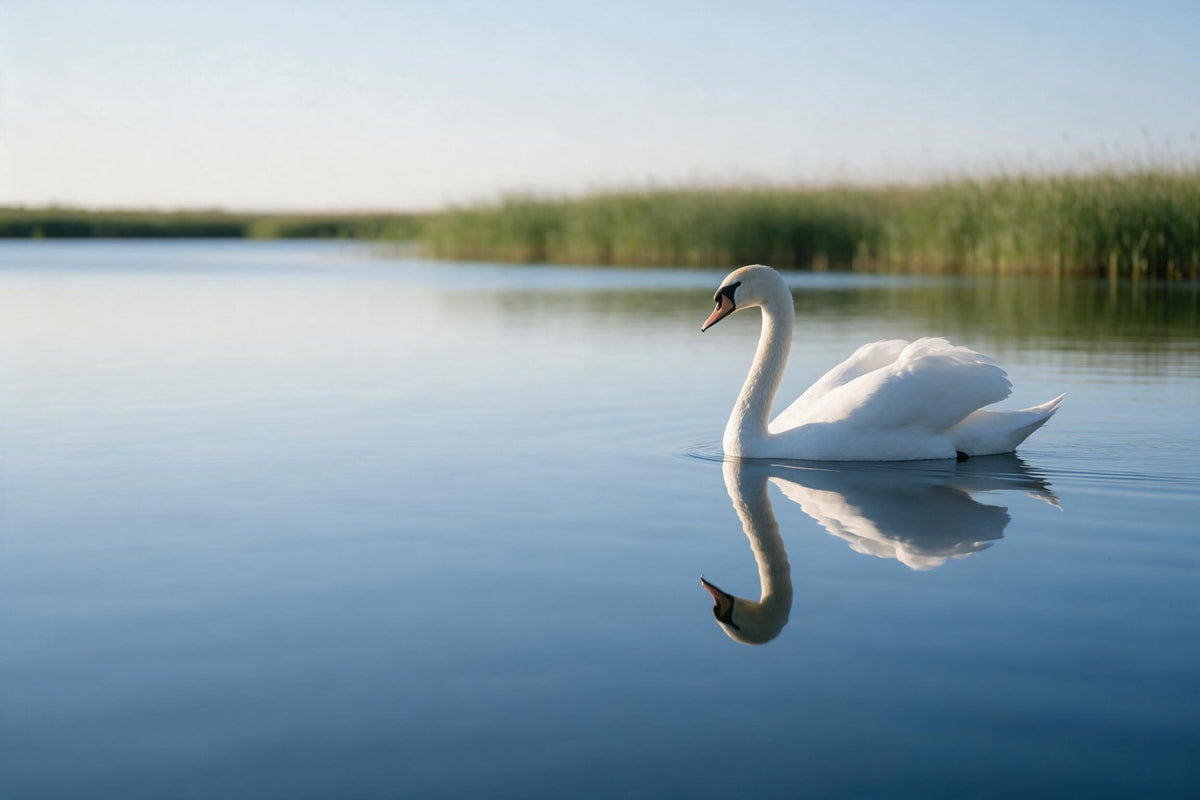 Weisser Schwan mit klarem Spiegelbild auf spiegelglattem blauem See, als Wandtuch, auf Stoff gedruckt – Blau und Weiss