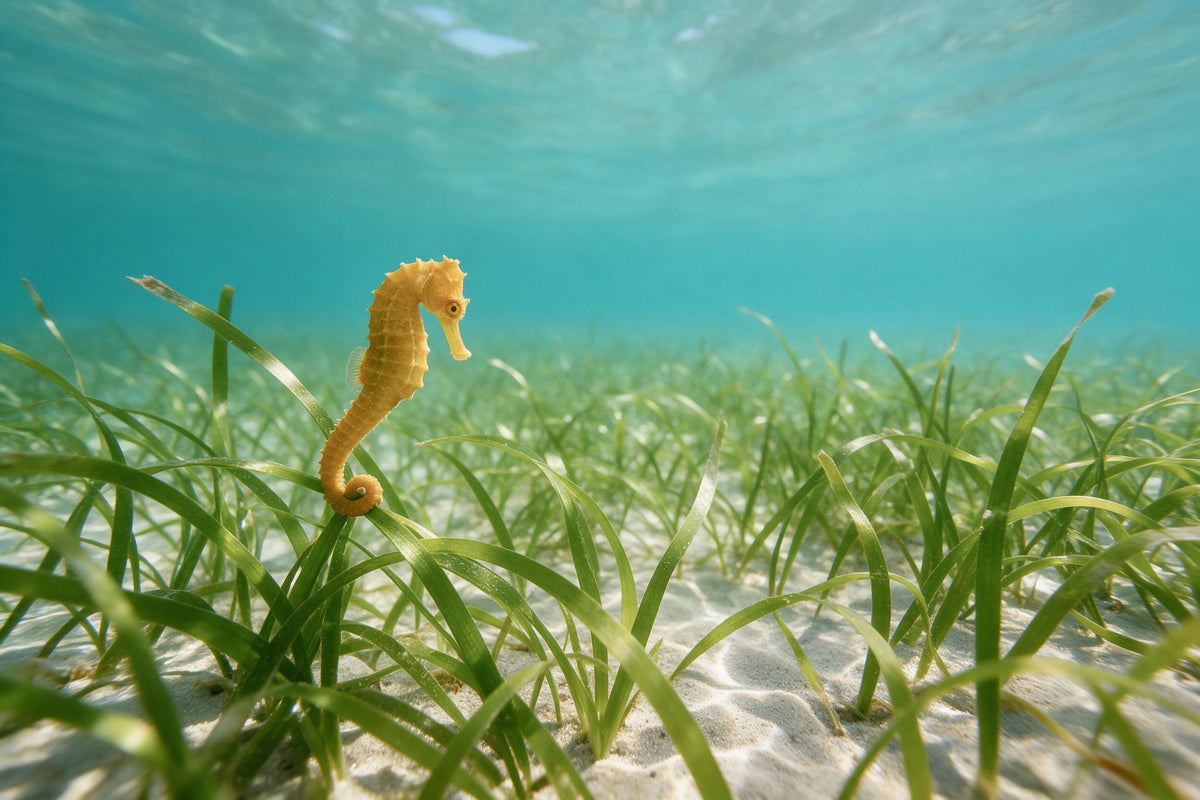 Underwater world with a gold-orange seahorse on the left in the seagrass, tapestry printed on fabric – turquoise and green