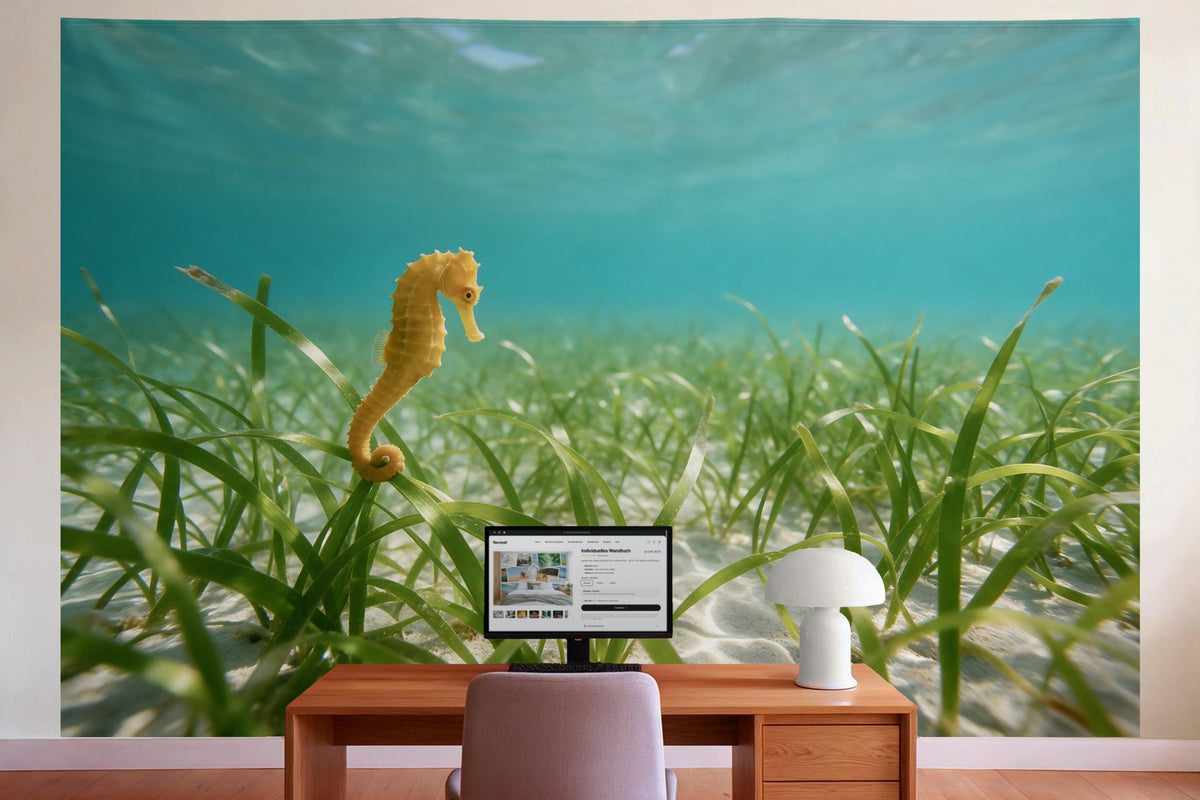 Wall decor in a home office behind the desk: printed fabric tapestry Seagrass Meadow Underwater