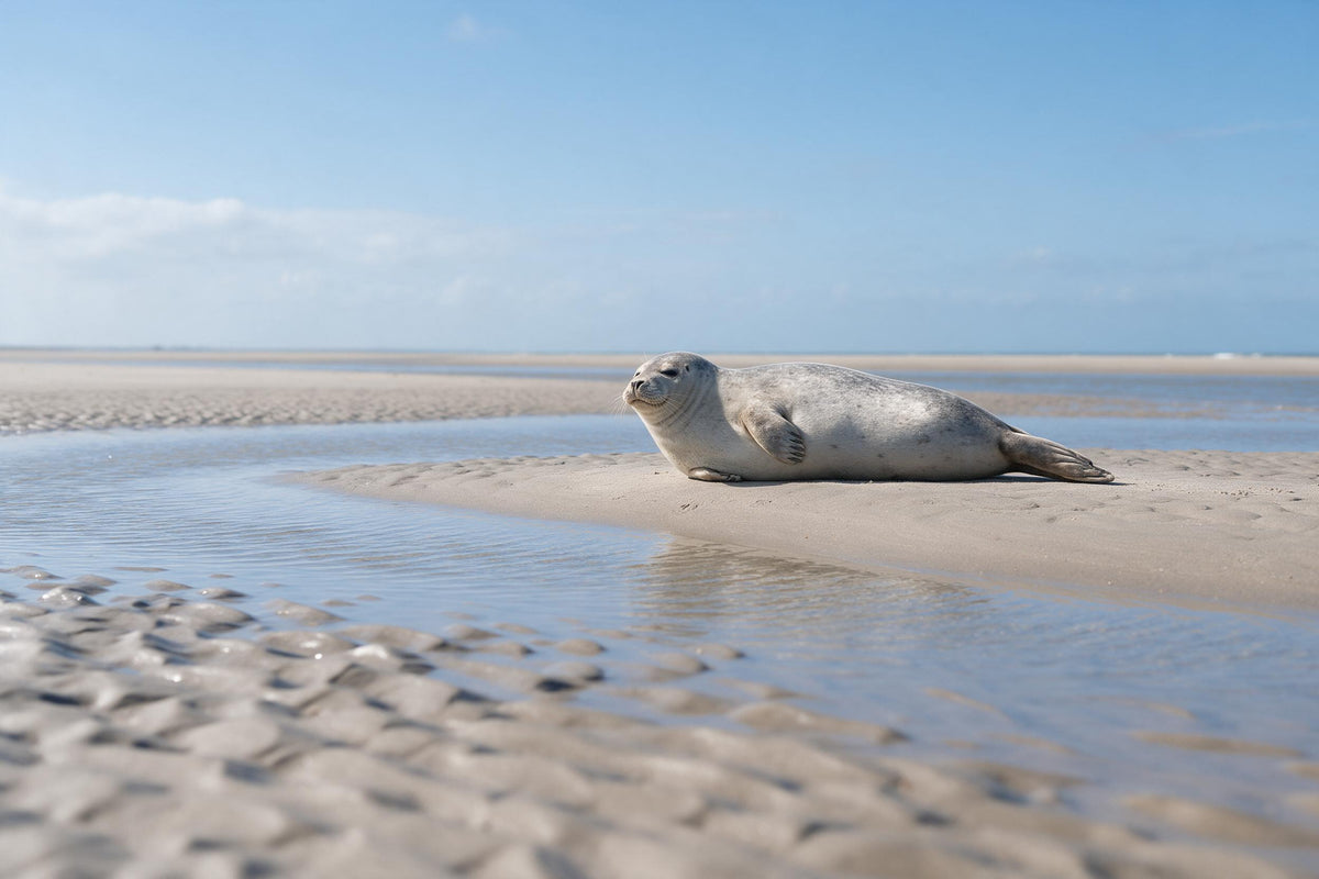 Foca en banco de arena claro en la marisma con agua poco profunda y cielo amplio, tapiz impreso en tela – beige y azul