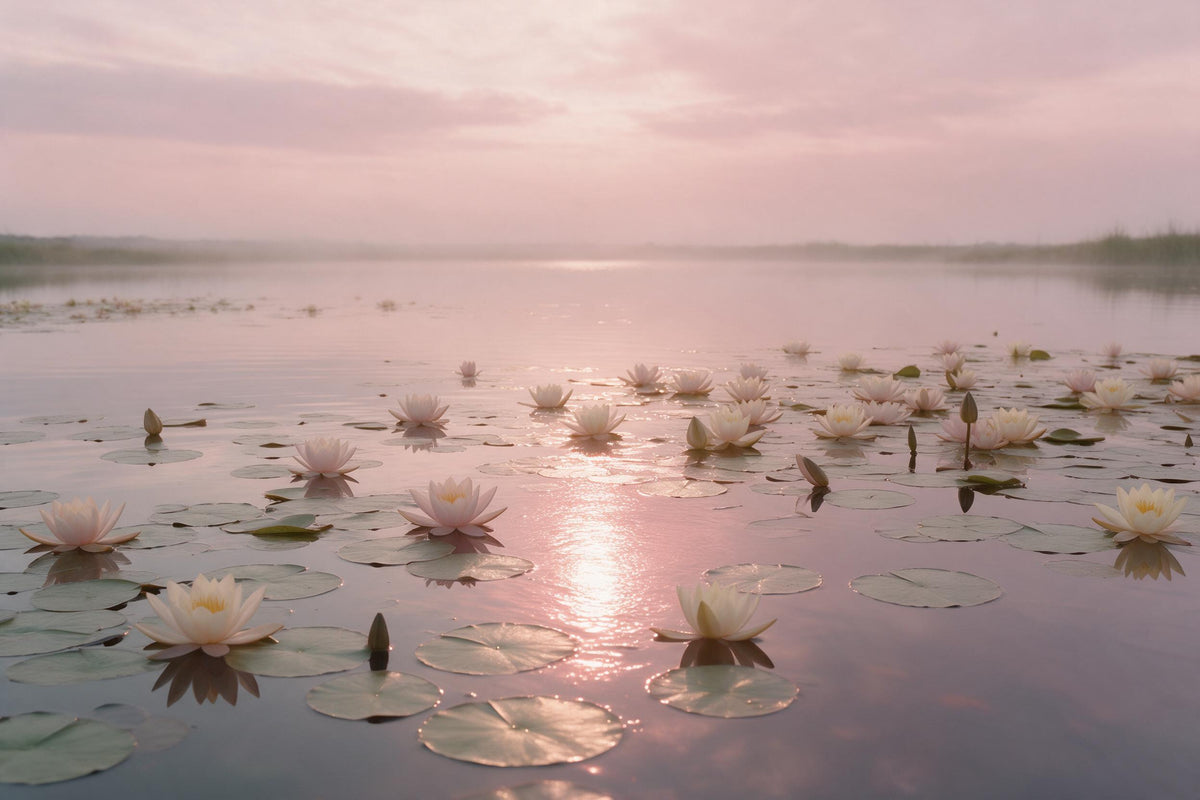 Seerosenweiher im Abendrosa als Wandtuch, auf Stoff gedruckt – weisse Blüten auf stillem Wasser mit rosa Spiegelung