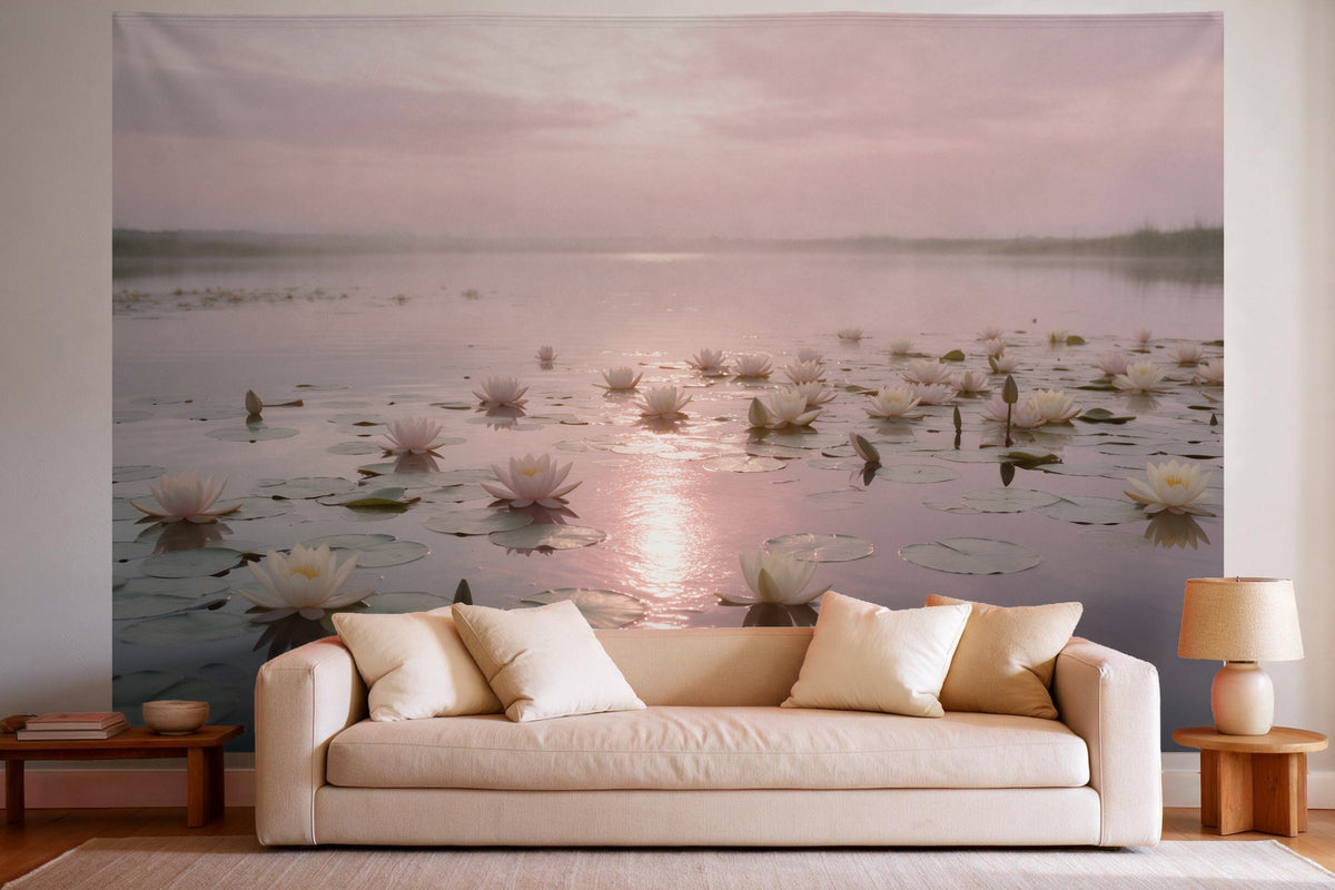 Déco murale dans un salon lumineux au-dessus du canapé : tenture murale Étang aux nénuphars dans le rose du soir, imprimée sur tissu