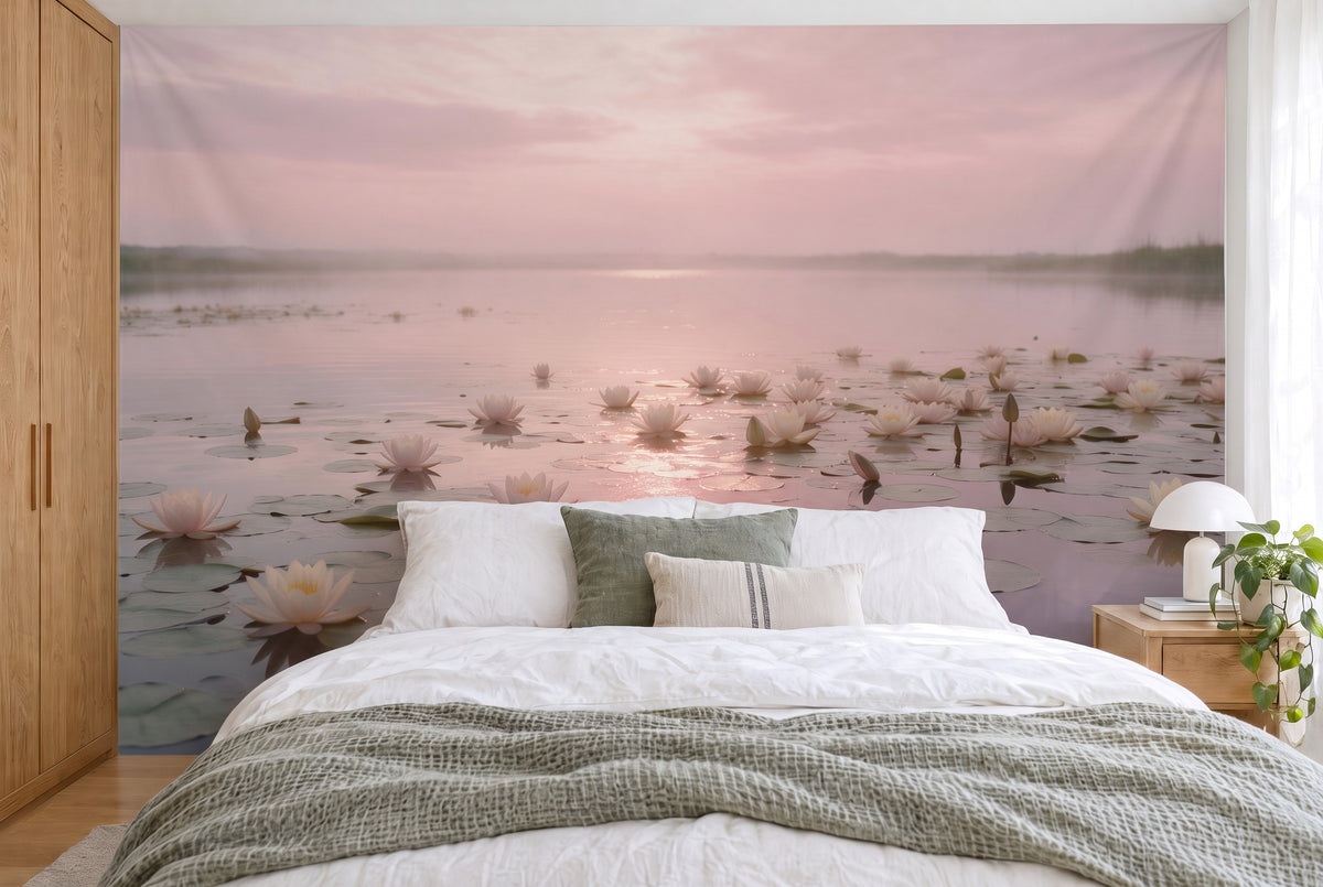 Bedruckter Stoff im XXL-Format: Seerosen und Blätter auf rosa schimmerndem Weiher, wandfüllend hinter dem Doppelbett