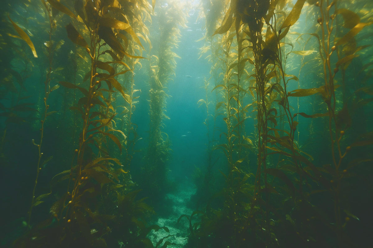 Unterwasserwelt: Seetangwald mit Lichtbahnen in Grün und Blau, als Wandtuch, auf Stoff gedruckt – Grün Gelb Blau