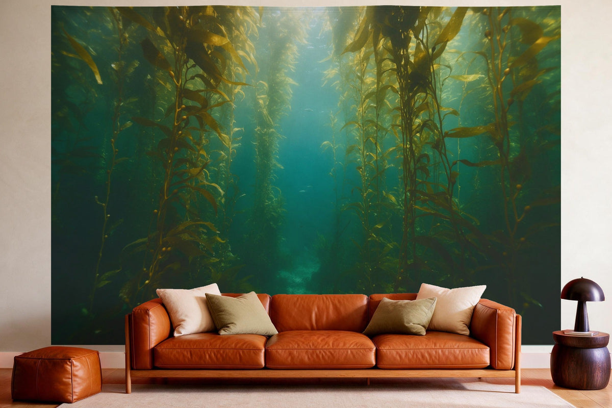 Wandtuch XXL Unterwasserwald aus Seetang als Wanddeko im gemütlichen Wohnzimmer über dem Ledersofa