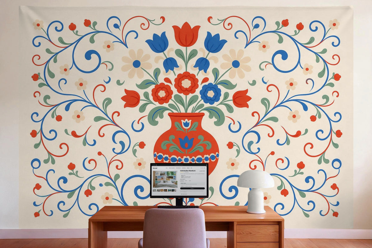 Wall decor in a home office behind the desk: printed fabric tapestry Scandinavian Folk Floral Pattern