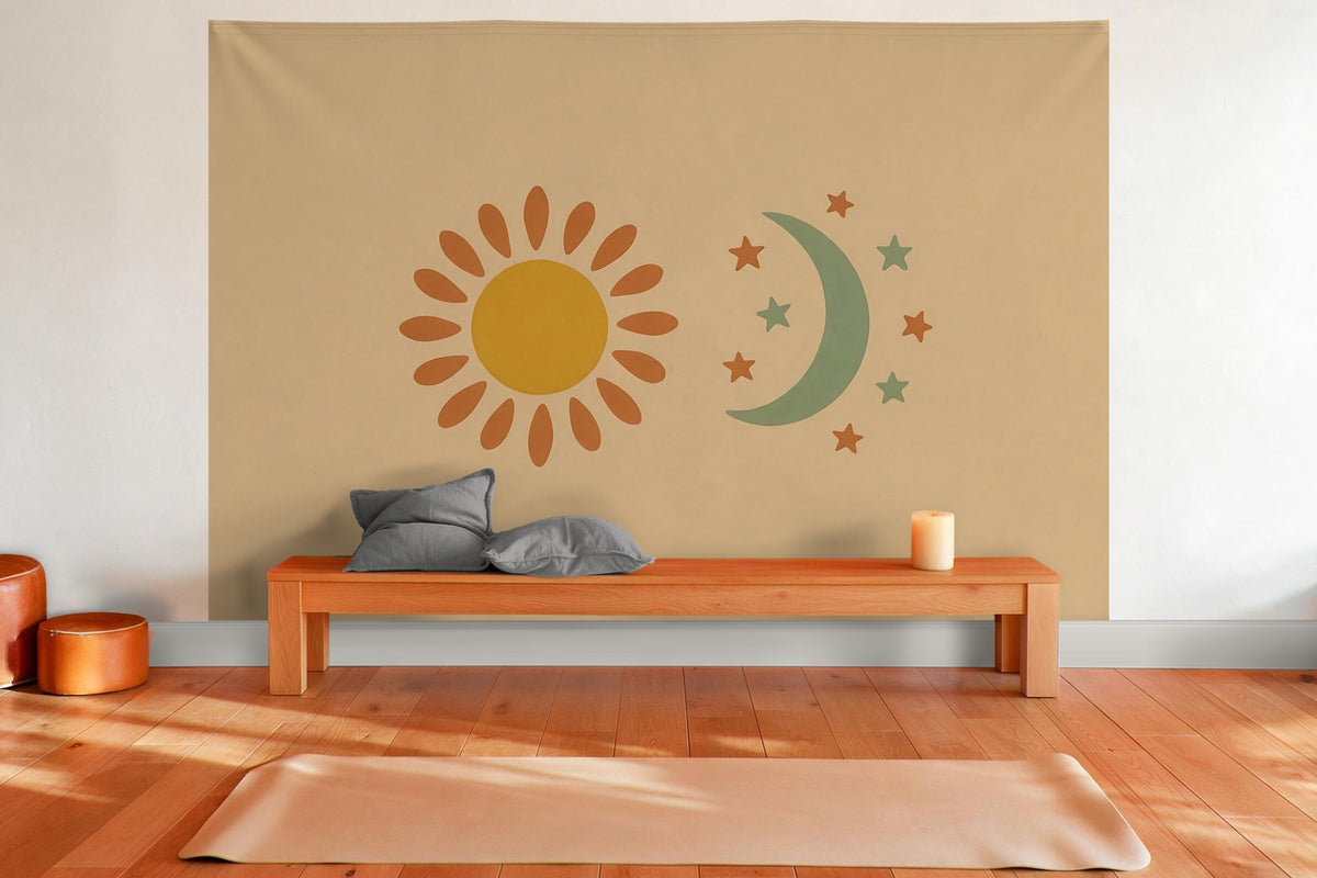 Wandtuch XXL Sonne und Mond im Boho-Stil als Wanddeko im Yogaraum