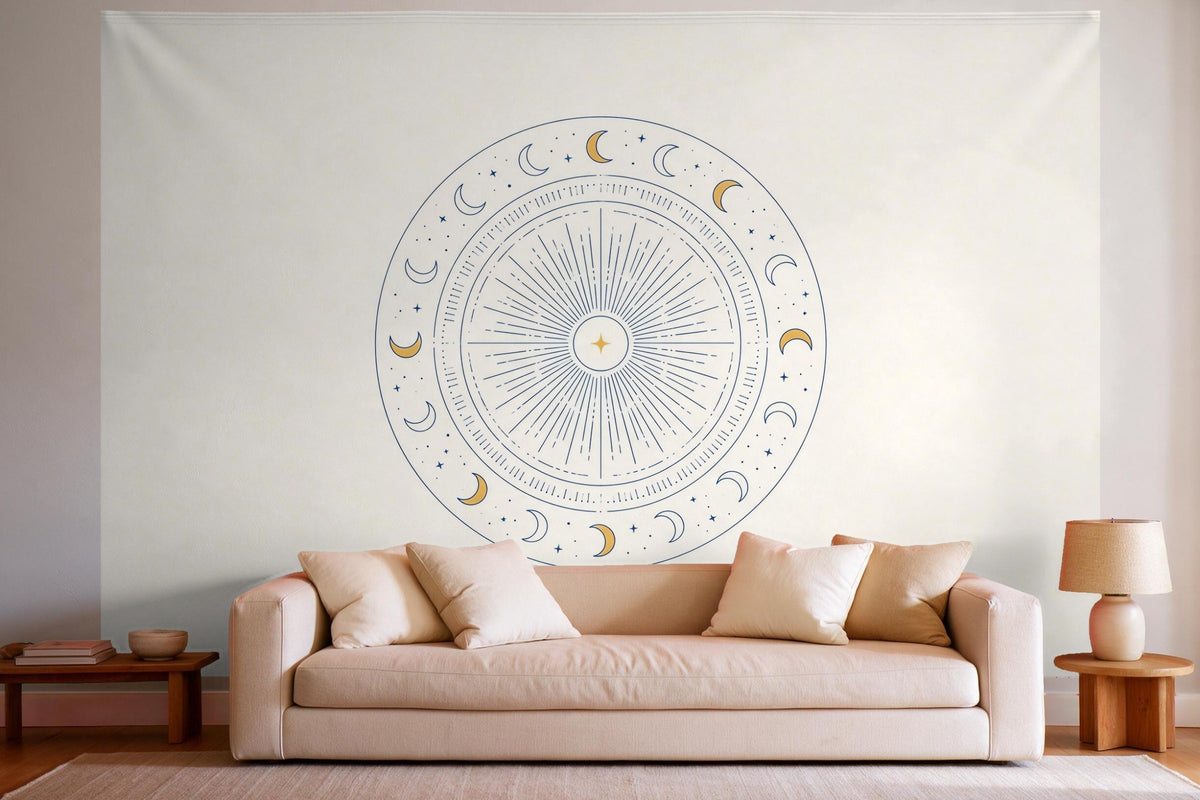 Wanddeko im hellen Wohnzimmer über dem Sofa: Wandtuch Sonnen-Mandala mit Mond und Sternen, auf Stoff gedruckt
