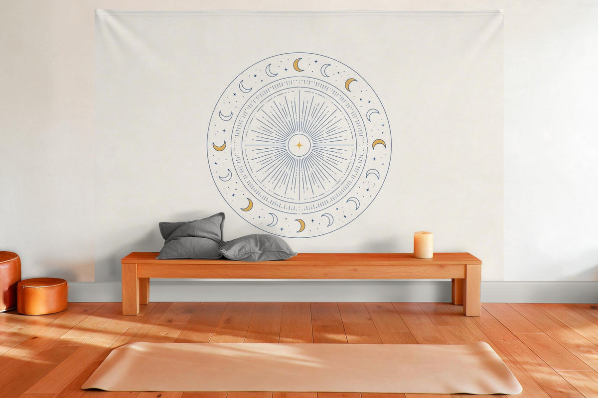 Wandtuch XXL Sonnen-Mandala mit Mond und Sternen als Wanddeko im Yogaraum