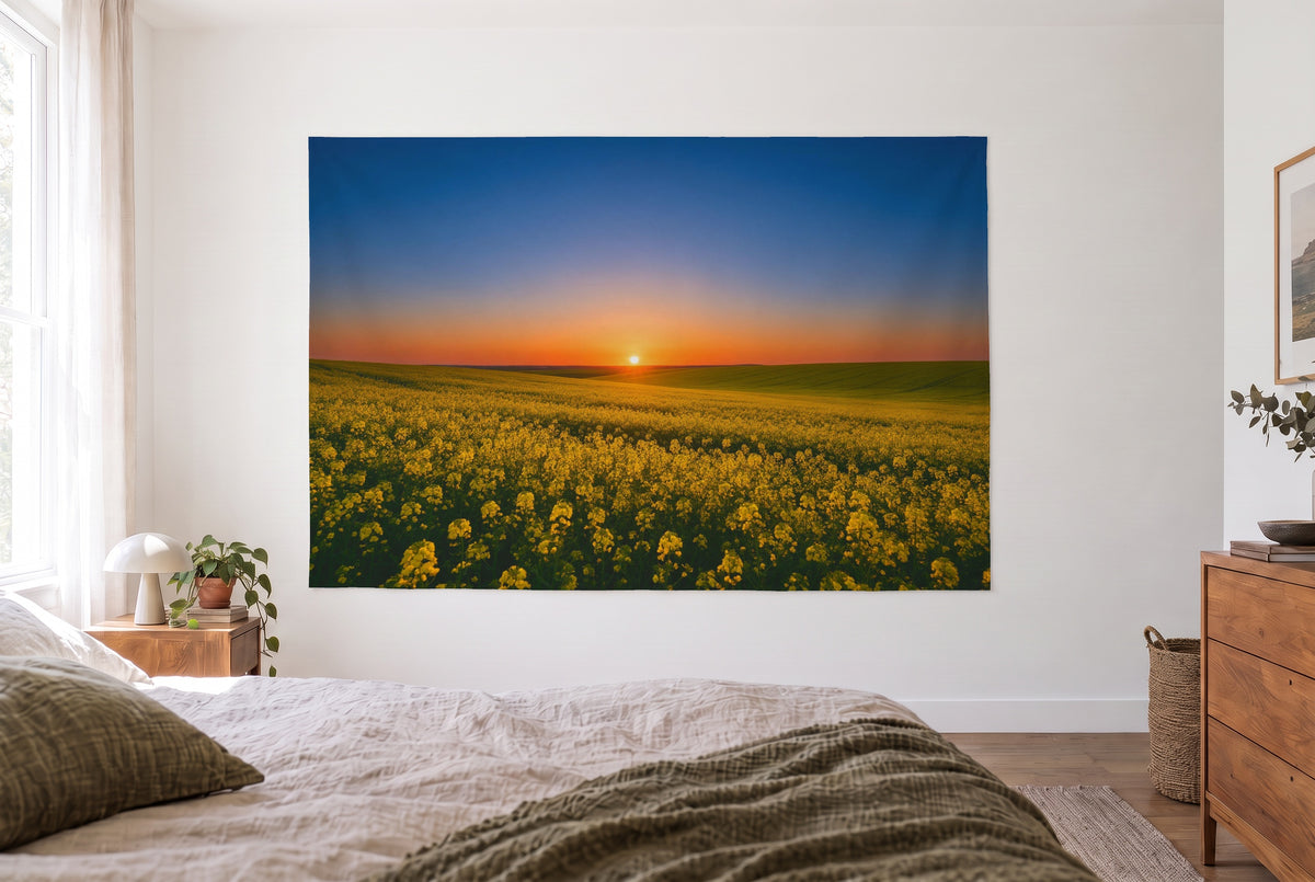 Tenture murale soleil levant sur colza dans la chambre claire face au lit, commode en bois à droite – jaune bleu