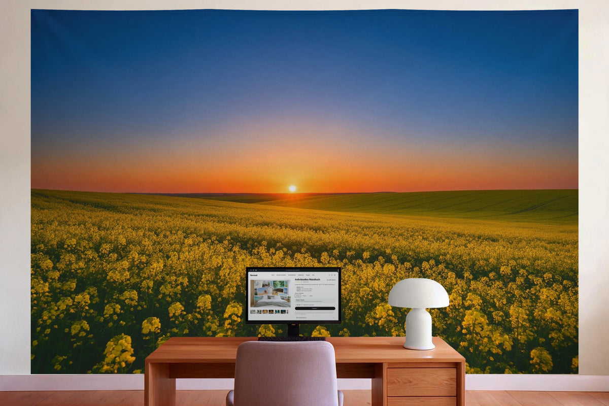 Wall decor in a home office behind the desk: printed fabric tapestry Rising Sun over the Rapeseed Field