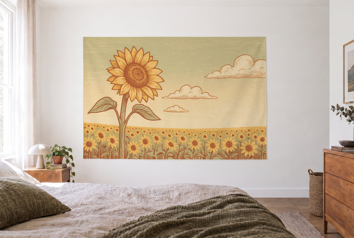 Wandtuch Sonnenblumenfeld im Holzschnitt im hellen Schlafzimmer gegenüber dem Bett, rechts eine Holzkommode – Gelb und Salbei