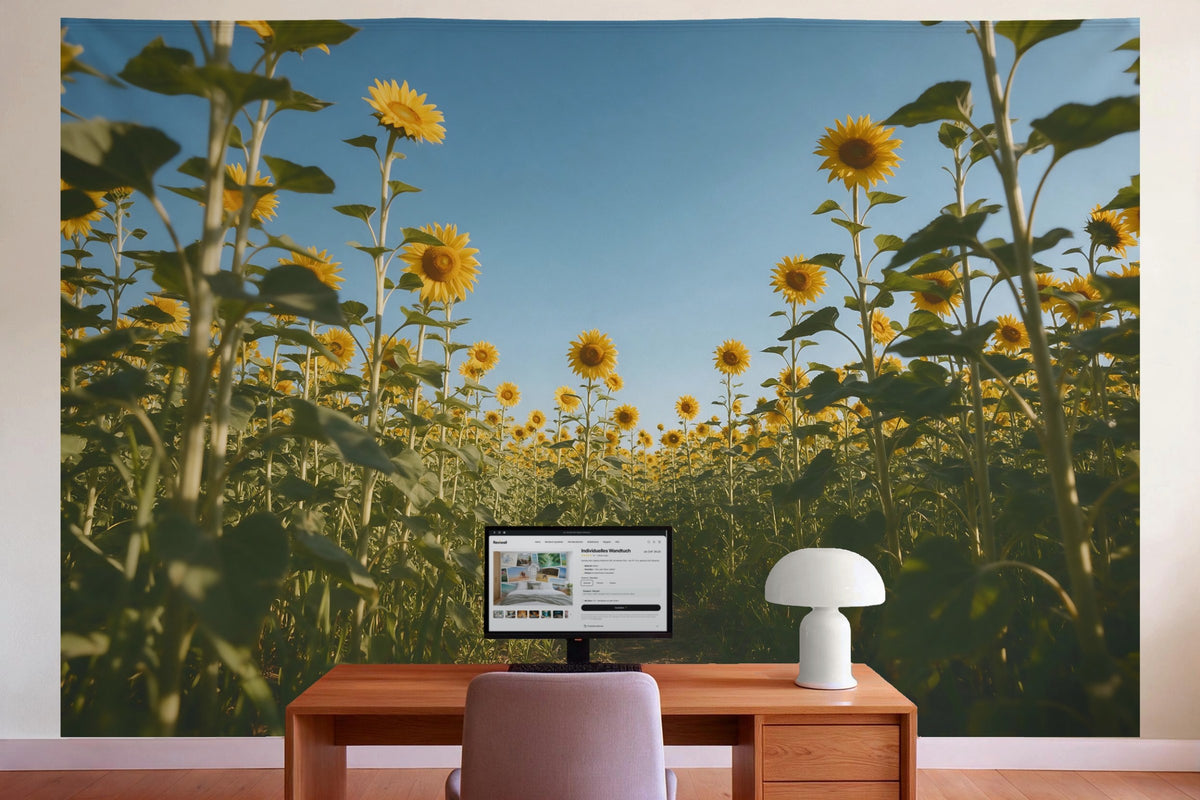 Wall decor in a home office behind the desk: printed fabric tapestry Sunflower Field under a Blue Sky
