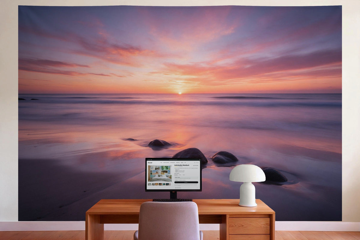 Decoración de pared en la oficina detrás del escritorio: tapiz de tela Atardecer en el mar