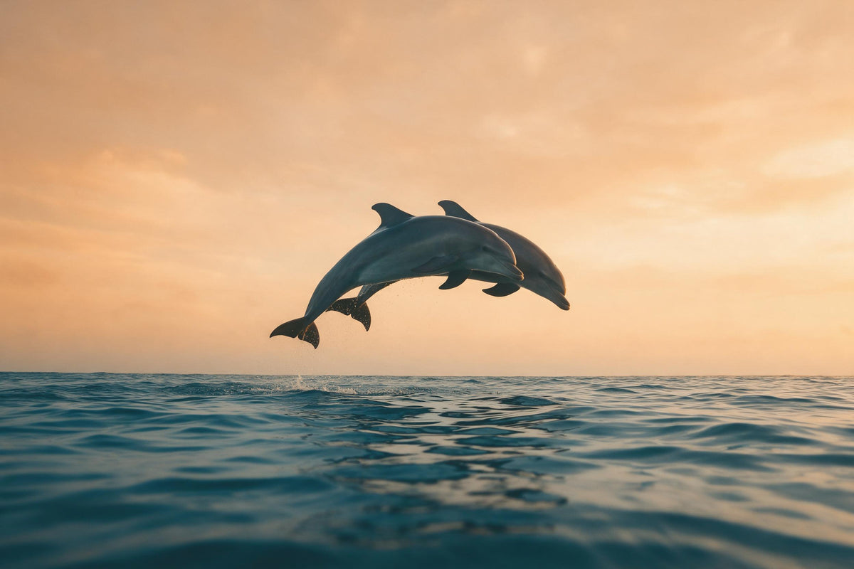 Zwei Delfine springen im Bogen über dem ruhigen Meer vor orangem Himmel, als Wandtuch, auf Stoff gedruckt – Orange und Blau