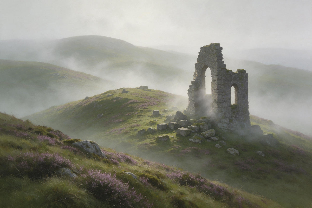 Stone ruin with two window arches on the right on a green hill in fog, tapestry printed on fabric – green, grey and violet