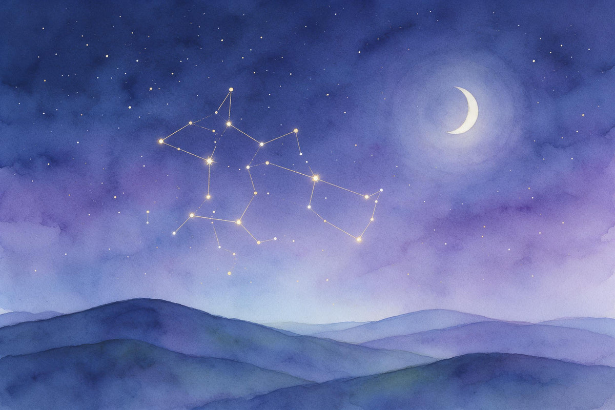 Golden constellations over gentle hills, crescent moon top right, tapestry printed on fabric – indigo and violet