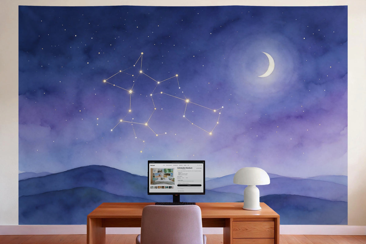 Wall decor in a home office behind the desk: printed fabric tapestry Constellations over Gentle Hills