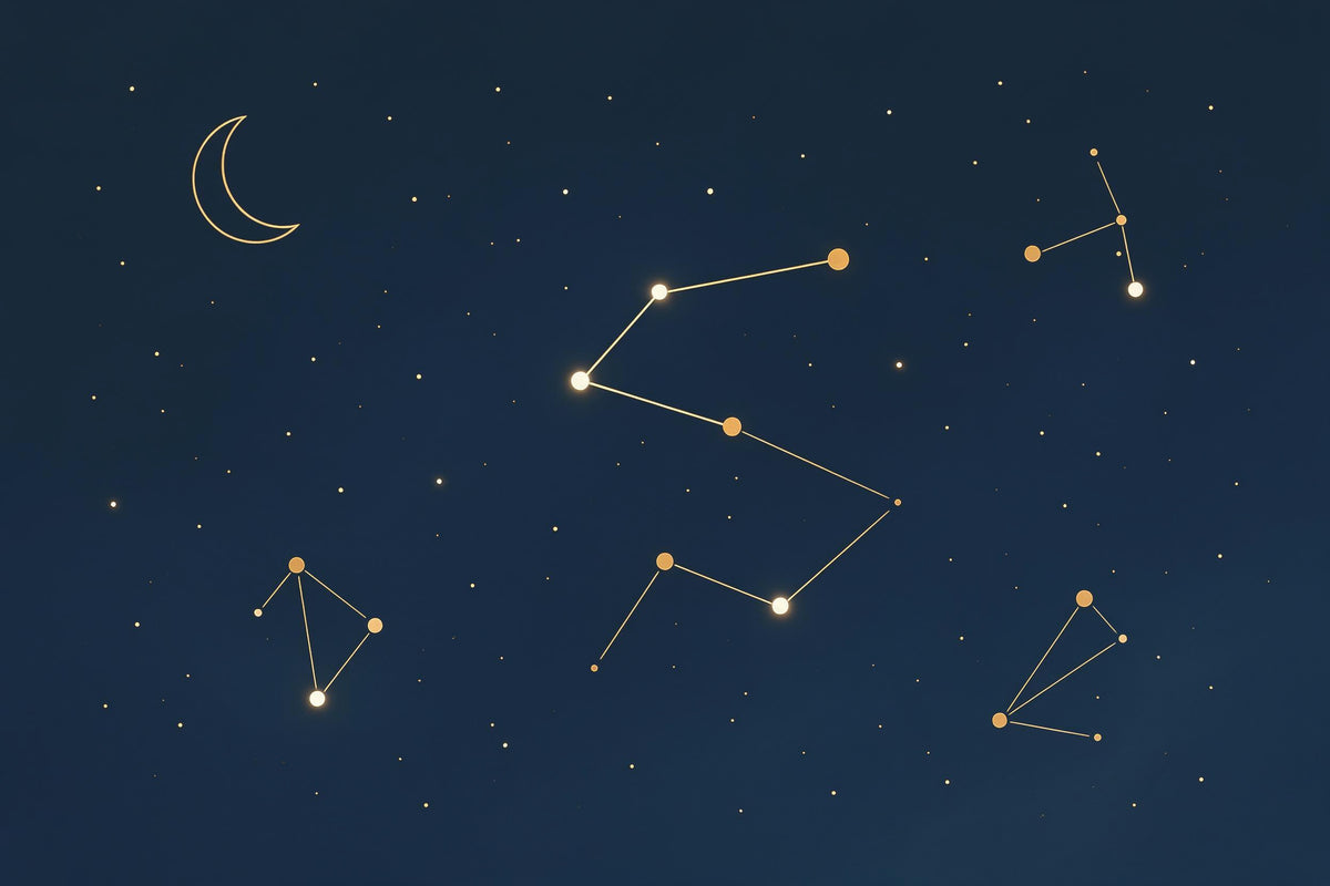 Golden constellations and a fine crescent moon on deep night blue, tapestry printed on fabric – blue and gold