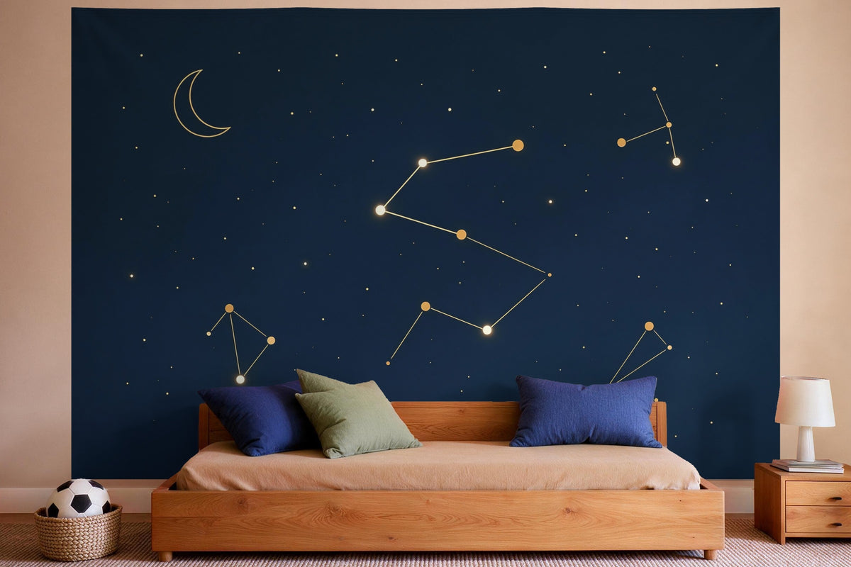 Wall decor in a boys' bedroom: printed fabric tapestry Constellations in the Night Sky
