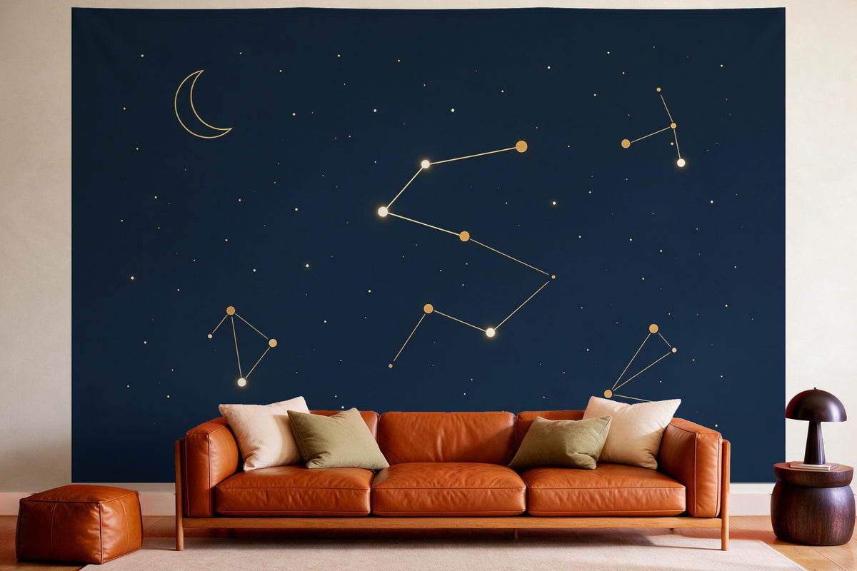 XXL wall tapestry Constellations in the Night Sky as wall decor in a cosy living room above the leather sofa