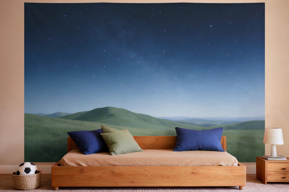 Decoración de pared en un dormitorio de niño: tapiz de tela Cielo estrellado sobre pradera alpina